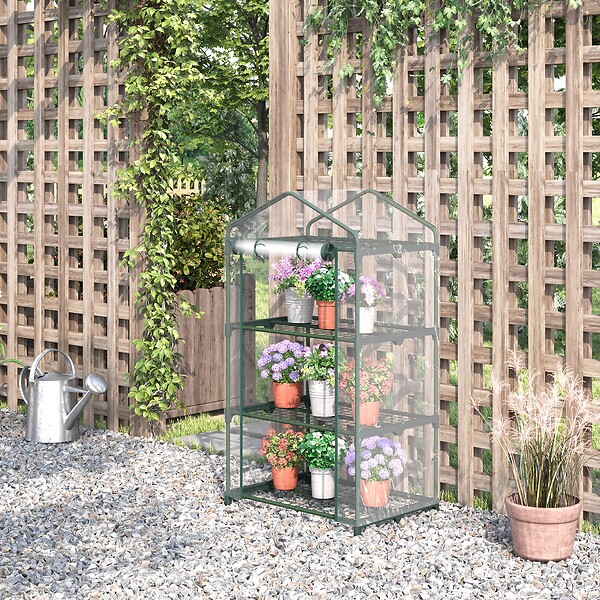 OUTSUNNY - Serre de jardin balcon étagère serre 3 niveaux dim. 69L x 49l x 125H cm métal thermolaqué vert PVC haute densité transparent - large