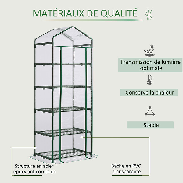 OUTSUNNY - Serre de jardin balcon étagère serre 5 niveaux 0,69L x 0,49l x 1,93H m acier galvanisé bâche amovible PVC vert - large