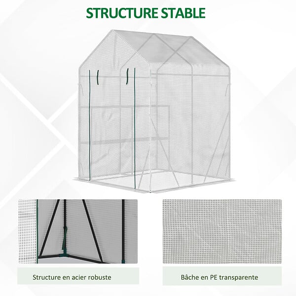 OUTSUNNY - Serre de jardin 2 tablettes dim. 1,43L x 1,43l x 1,95H m porte déroulante acier PE haute densité 140 g/m² transparent blanc - large