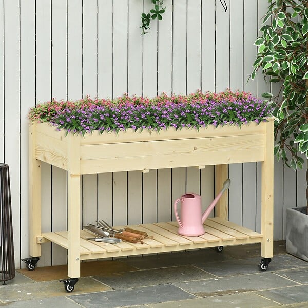 OUTSUNNY - Jardinière sur pieds - potager sur roulettes - étagère, inserts d'irrigation, feutre de drainage inclus - bois massif sapin - large