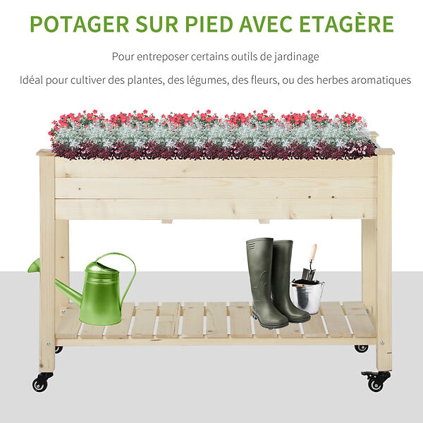 OUTSUNNY - Jardinière sur pieds - potager sur roulettes - étagère, inserts d'irrigation, feutre de drainage inclus - bois massif sapin - large