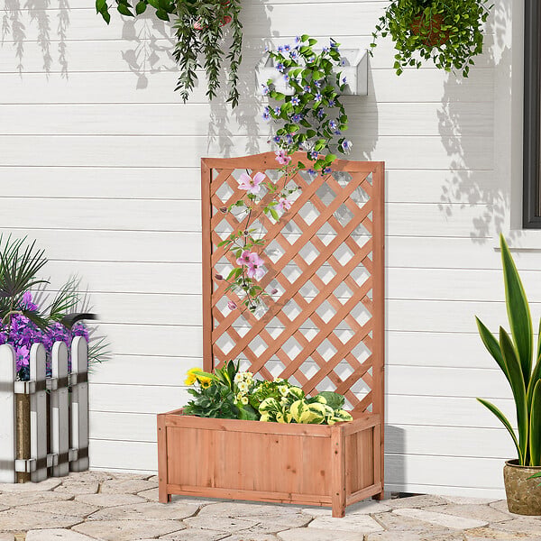 OUTSUNNY - Jardinière avec treillis - bac à fleurs - jardinière sur pied - dim. 70L x 28l x 117H cm - fond à lattes - bois sapin pré-huilé - large