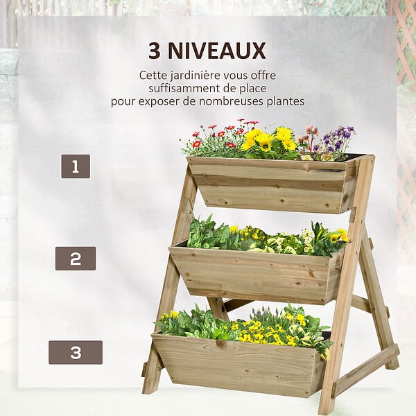 OUTSUNNY - Jardinière sur pieds carré potager 3 étages dim. 71L x 61l x 77H cm inserts d'irrigation feutre de drainage bois sapin autoclave - large