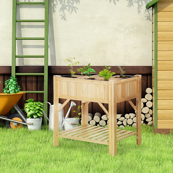 OUTSUNNY - Jardinière sur pieds - carré potager avec étagère - dim. 78L x 58l x 81H cm - 6 compartiments - feutre drainage inclus - bois sapin pré-huilé - large