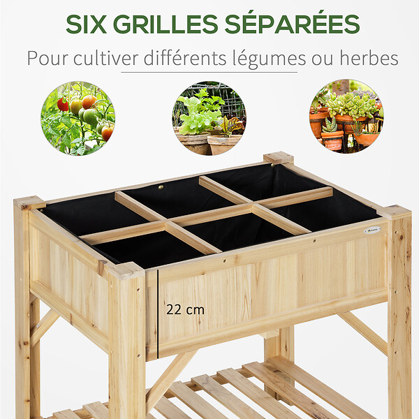 OUTSUNNY - Jardinière sur pieds - carré potager avec étagère - dim. 78L x 58l x 81H cm - 6 compartiments - feutre drainage inclus - bois sapin pré-huilé - large