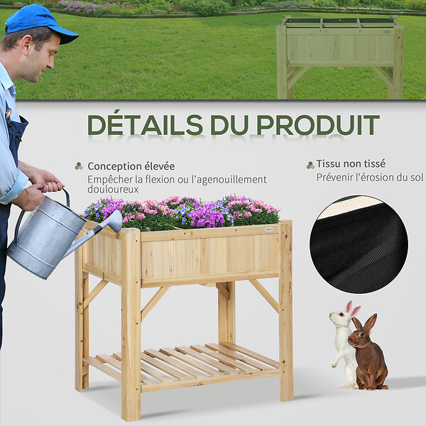 OUTSUNNY - Jardinière sur pieds - carré potager avec étagère - dim. 78L x 58l x 81H cm - 6 compartiments - feutre drainage inclus - bois sapin pré-huilé - large