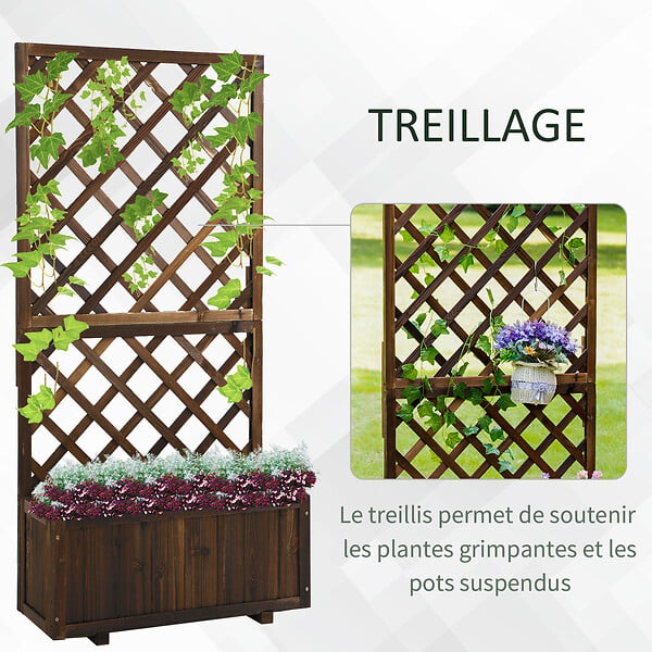 OUTSUNNY - Jardinière avec treillis - bac à  fleurs - jardinière sur pied - dim. 72,5L x 31,5l x 149,5H cm inserts d'irrigation inclus bois sapin traité carbonisation - large