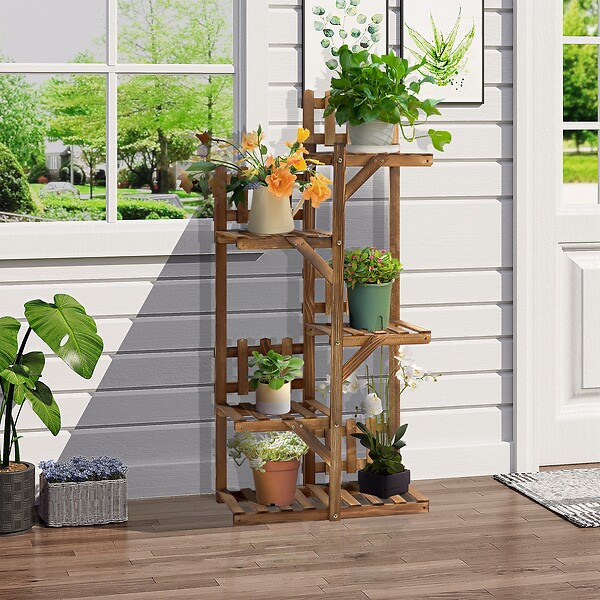 OUTSUNNY - Étagère à fleurs en bois - porte plante bois 5 tablettes ornement petites barrières - dim. 60L x 30l x 130H cm - bois de sapin traité carbonisation - large