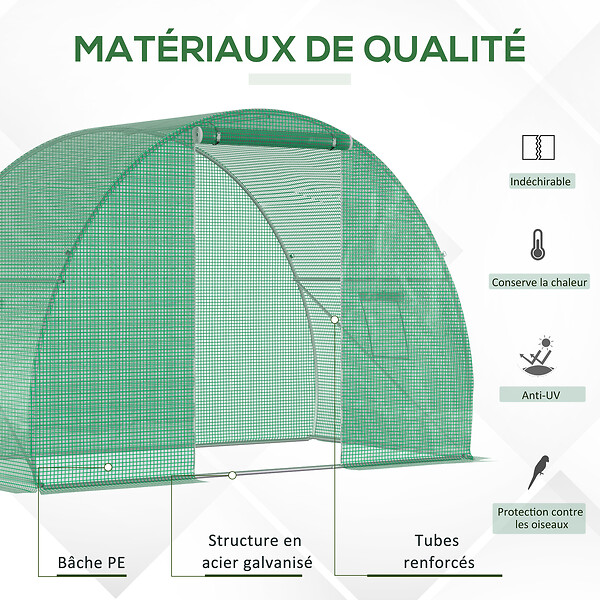 OUTSUNNY - Serre de jardin tunnel surface sol 4,5 mÂ² dim. 3L x 1,5l x 2H m châssis tubulaire renforcé porte zippée 2 fenêtres enroulables vert - large
