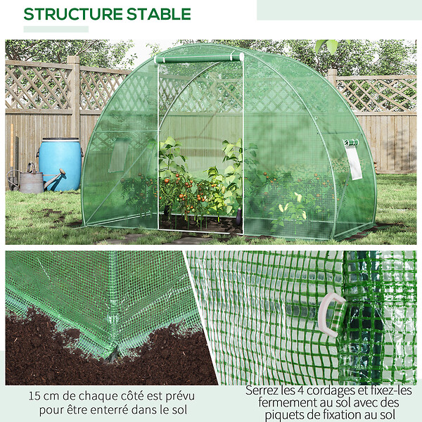 OUTSUNNY - Serre de jardin tunnel surface sol 4,5 mÂ² dim. 3L x 1,5l x 2H m châssis tubulaire renforcé porte zippée 2 fenêtres enroulables vert - large