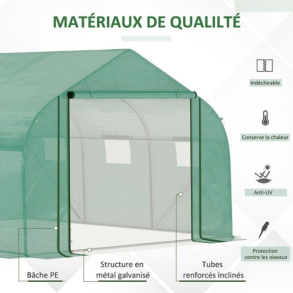 OUTSUNNY - Serre tunnel de jardin grande taille dim. 3,47L x 3l x 2H m - 6 fenêtres et porte zippée enroulable - acier galvanisé PE haute densité vert - large