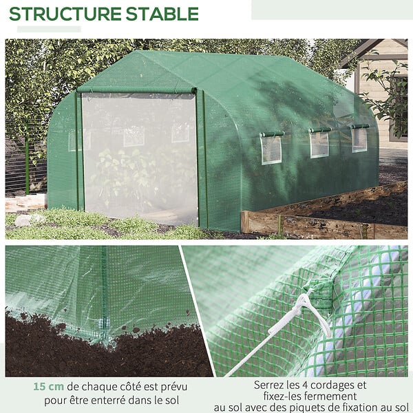 OUTSUNNY - Serre tunnel de jardin grande taille dim. 3,47L x 3l x 2H m - 6 fenêtres et porte zippée enroulable - acier galvanisé PE haute densité vert - large