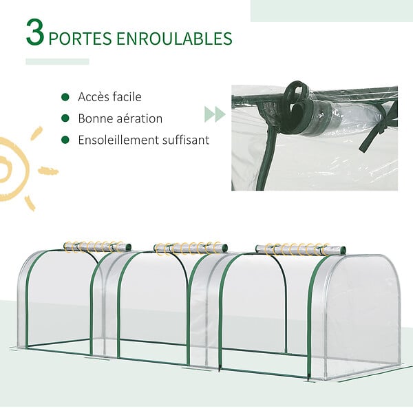 OUTSUNNY - Serre de jardin tunnel 2,95L x 1l x 0,8H m 3 portes zippées bâche PVC transparent métal époxy vert - large