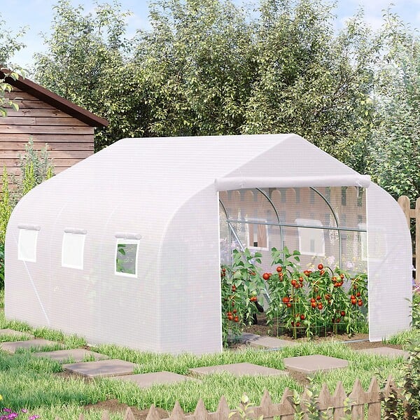 OUTSUNNY - Serre tunnel de jardin 3,5 x 3 x 2 m grande taille 6 fenêtres blanc - large