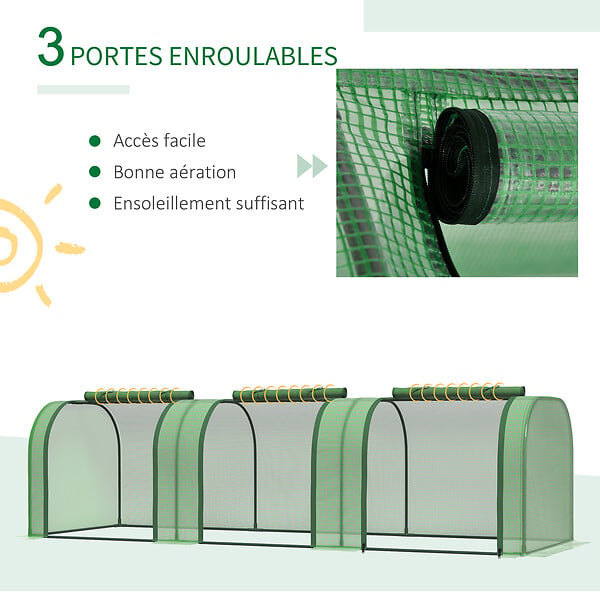 OUTSUNNY - Mini serre de jardin serre à  tomates 2,95L x 1l x 0,8H m acier PE haute densité 140 g/mÂ² anti-UV 3 fenêtres zip enroulables vert - large