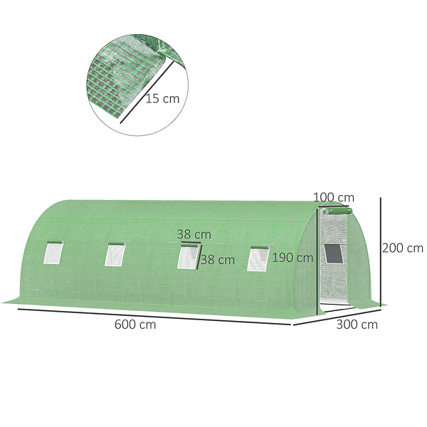 OUTSUNNY - Serre de jardin tunnel 18 mÂ² dim. 6L x 3l x 2H m - 8 fenêtres, porte zippée enroulable - châssis tubulaire acier galvanisé, bâche PE haute densité vert - large
