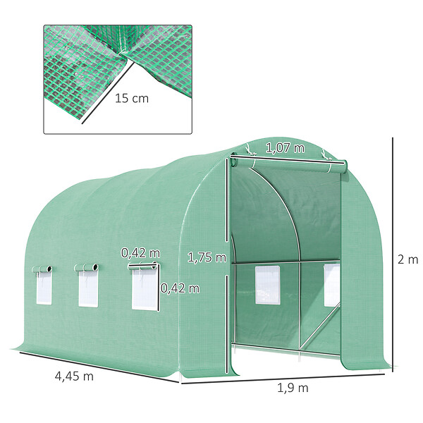 OUTSUNNY - Serre de jardin tunnel 4,5L x 2l x 2H m châssis tubulaire acier galvanisé renforcé 1,8 cm 6 fenêtres 1 porte vert - large
