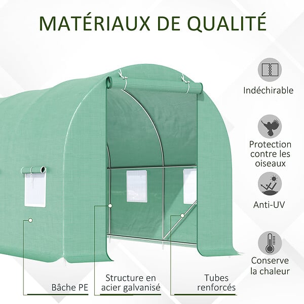 OUTSUNNY - Serre de jardin tunnel 4,5L x 2l x 2H m châssis tubulaire acier galvanisé renforcé 1,8 cm 6 fenêtres 1 porte vert - large