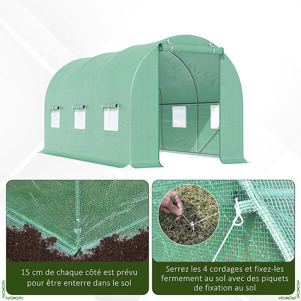 OUTSUNNY - Serre de jardin tunnel 4,5L x 2l x 2H m châssis tubulaire acier galvanisé renforcé 1,8 cm 6 fenêtres 1 porte vert - large