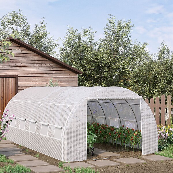 OUTSUNNY - Serre de jardin tunnel 18 m² dim. 5,97L x 3,02l x 2H m - 12 fenêtres, porte zippée enroulable - châssis tubulaire acier galvanisé, bâche PE haute densité blanc - large