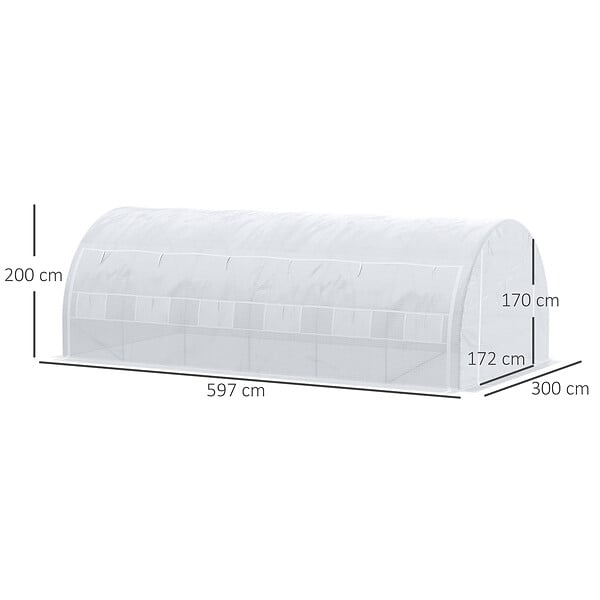 OUTSUNNY - Serre de jardin tunnel 18 m² dim. 5,97L x 3,02l x 2H m - 12 fenêtres, porte zippée enroulable - châssis tubulaire acier galvanisé, bâche PE haute densité blanc - large