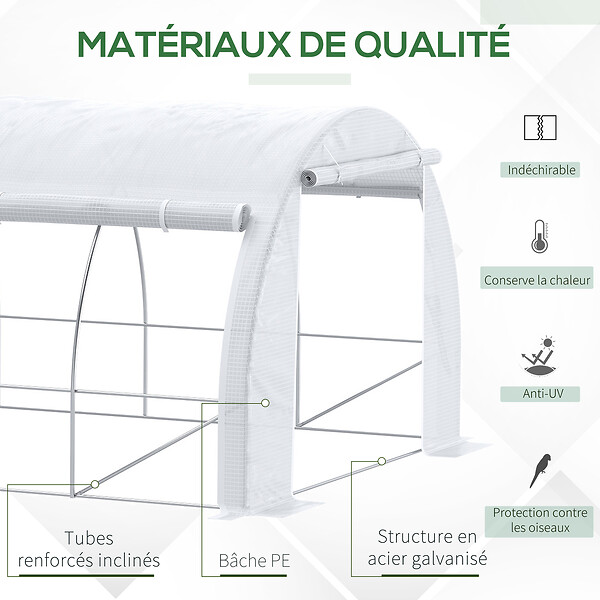 OUTSUNNY - Serre de jardin tunnel 18 m² dim. 5,97L x 3,02l x 2H m - 12 fenêtres, porte zippée enroulable - châssis tubulaire acier galvanisé, bâche PE haute densité blanc - large