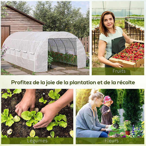 OUTSUNNY - Serre de jardin tunnel 18 m² dim. 5,97L x 3,02l x 2H m - 12 fenêtres, porte zippée enroulable - châssis tubulaire acier galvanisé, bâche PE haute densité blanc - large