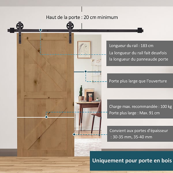 HOMCOM - Kit de porte coulissante système galandage pour porte épaisseur 35-45 ou 40-45 mm longueur rail 1,83 m charge max. 100 Kg acier brun - large