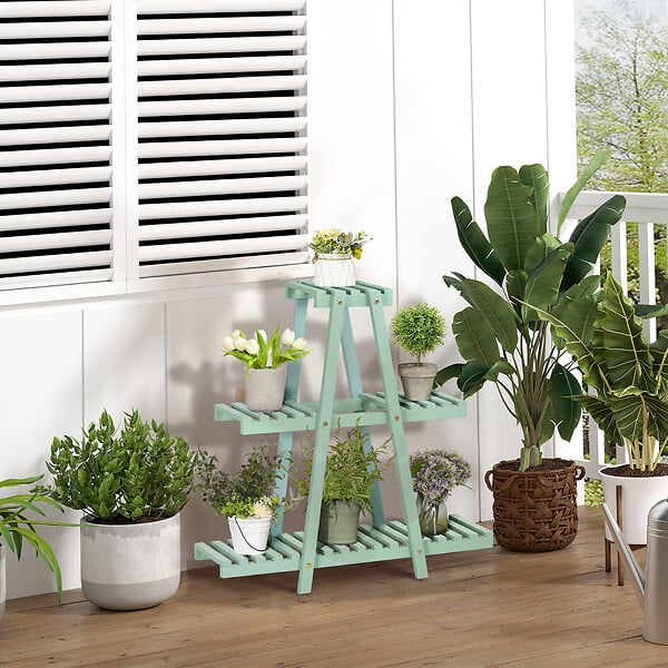 OUTSUNNY - Étagère à fleurs pyramidale en bois - porte plante bois 3 étagères - dim. 76L x 26l x 76H cm - sapin vert d'eau - large