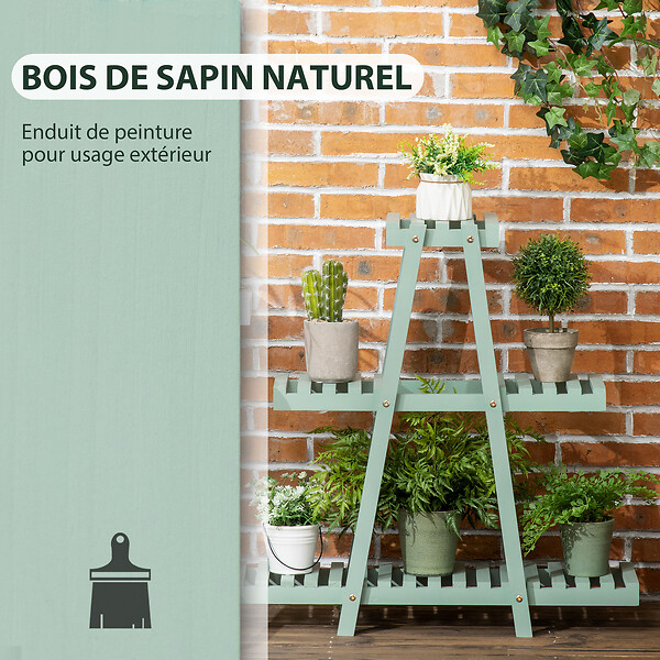 OUTSUNNY - Étagère à fleurs pyramidale en bois - porte plante bois 3 étagères - dim. 76L x 26l x 76H cm - sapin vert d'eau - large