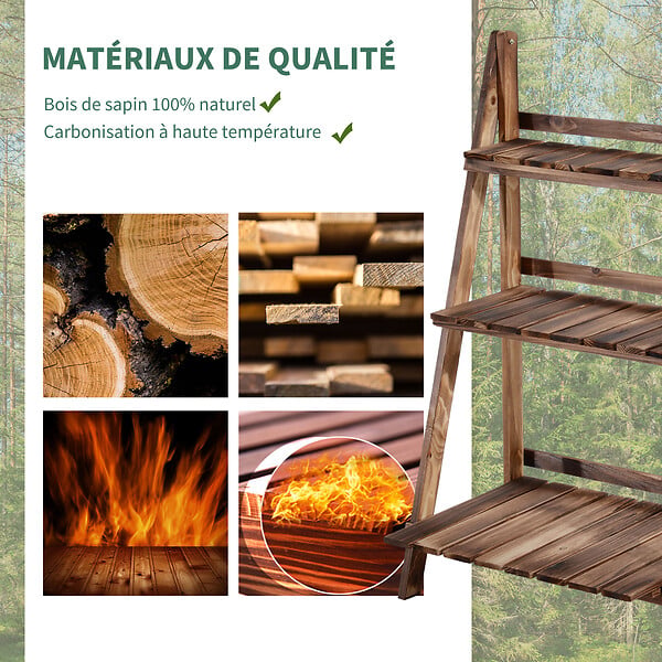 OUTSUNNY - Etagère échelle à fleurs pliable 3 niveaux bois de sapin traité carbonisation - large