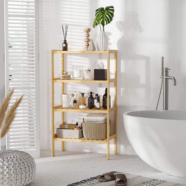 HOMCOM - Etagère de rangement 4 niveaux sur pied - étagères à lattes - dim. 62L x 33l x 112H cm - bois de bambou - large