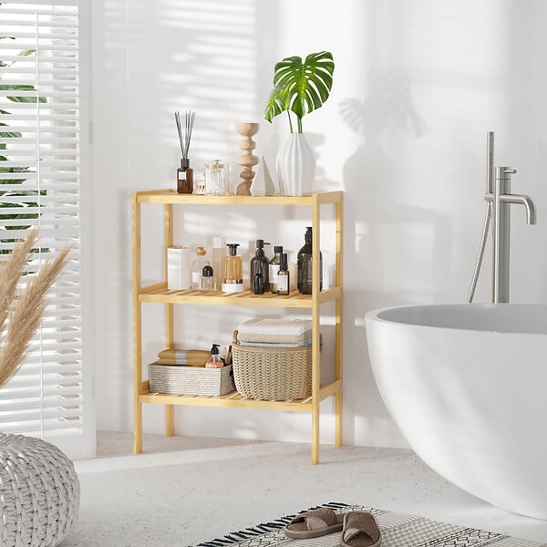 HOMCOM - Etagère de rangement 3 niveaux sur pied - étagères à lattes - dim. 62L x 33l x 80H cm - bois de bambou - large