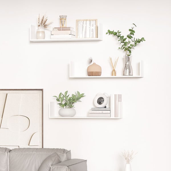 HOMCOM - Lot de 3 étagères murales flottantes - dim. 80L x 18l x 18H cm - kit complet de fixation inclus - MDF grain de bois blanc - large