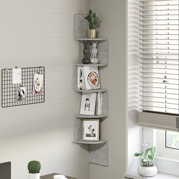HOMCOM - Étagère d'angle étagère de rangement design contemporain zig zag 20L x 20l x 126H cm 5 niveaux panneaux de particules gris - large