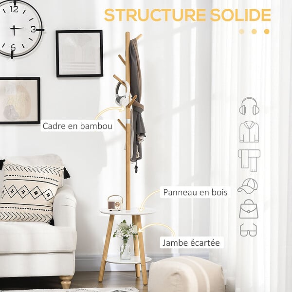 HOMCOM - Porte-manteau design scandinave branches 5 patères 2 étagères MDF blanc bois bambou verni - large