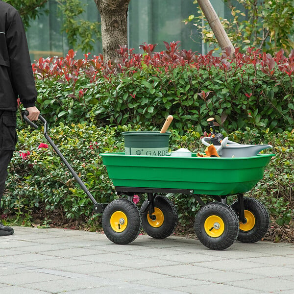 OUTSUNNY - Chariot de jardin à main benne basculante 75° 75L charge max. 200 Kg 4 roues pneumatiques acier PP jaune vert - large