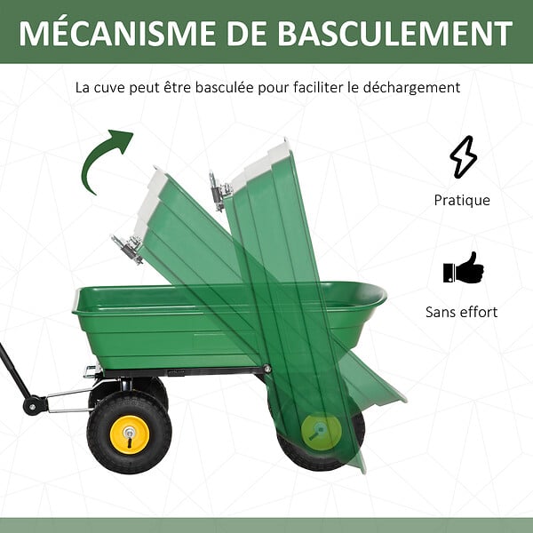 OUTSUNNY - Chariot de jardin à main benne basculante 75° 75L charge max. 200 Kg 4 roues pneumatiques acier PP jaune vert - large