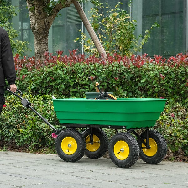 OUTSUNNY - Chariot de jardin à main benne basculante 75° 125L charge max. 200 Kg 4 roues pneumatiques acier PP jaune vert - large