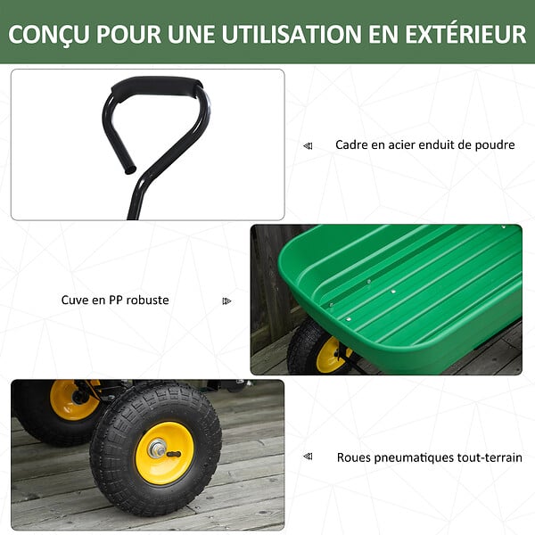 OUTSUNNY - Chariot de jardin à main benne basculante 75° 125L charge max. 200 Kg 4 roues pneumatiques acier PP jaune vert - large