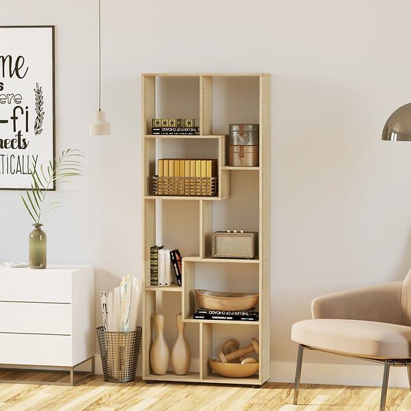 HOMCOM - Bibliothèque étagère meuble de rangement dim. 70L x 24l x 178H cm en zigazag et 8 espaces en panneau de particules naturel - large