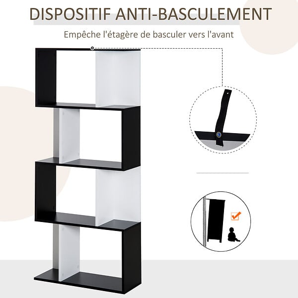 HOMCOM - Bibliothèque étagère meuble de rangement design contemporain en S 4 étagères 60L x 24l x 148H cm noir blanc - large