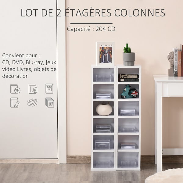 HOMCOM - Lot de 2 étagères colonnes armoire de rangement CD 6 + 6 compartiments blanc dim. 21L x 22,5l x 88,5H cm - large