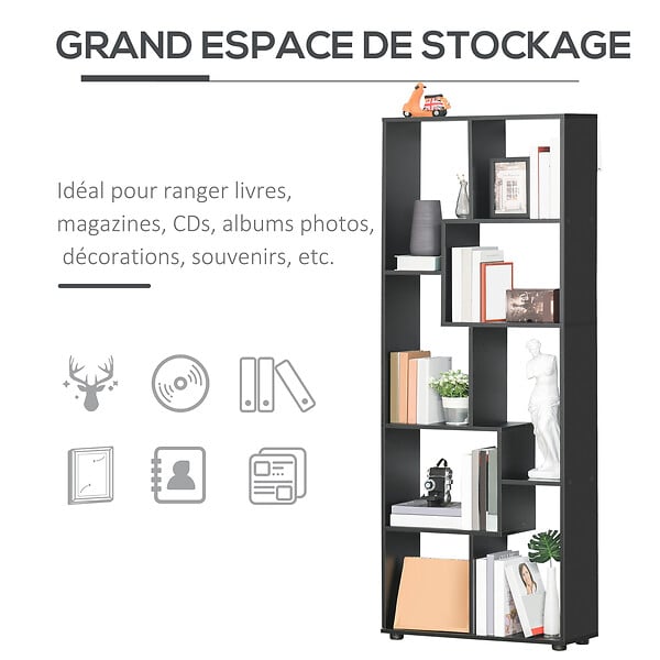 HOMCOM - Bibliothèque étagère meuble de rangement dim. 70L x 24l x 178H cm en zigazag et 8 espaces en panneau de particules noir - large