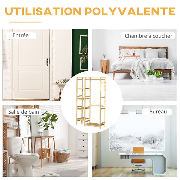 HOMCOM - Penderie porte-manteaux - 5 étagères, espace penderie, 2 patères - dim. 90L x 30l x 155H cm - bois bambou - large