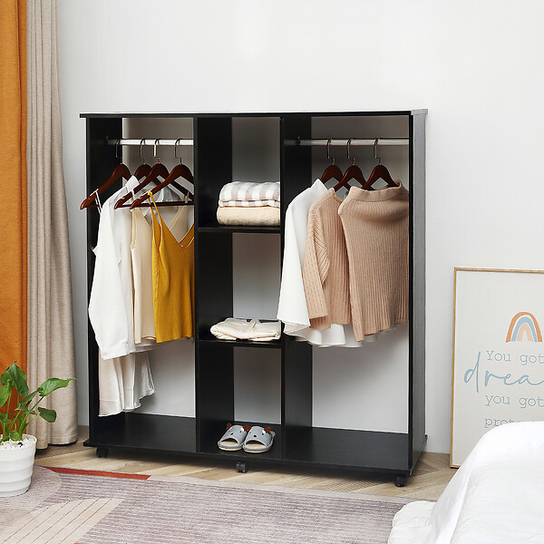 HOMCOM - Armoire penderie meuble de rangement mobile 6 roulettes 120L x 40l x 128H cm panneaux de particules aspect bois noir - large