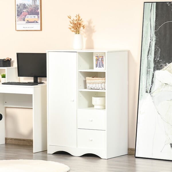 HOMCOM - Armoire - meuble multi-rangements - placard porte 5 étagères, 3 niches, 2 tiroirs - panneaux de particules blanc - large