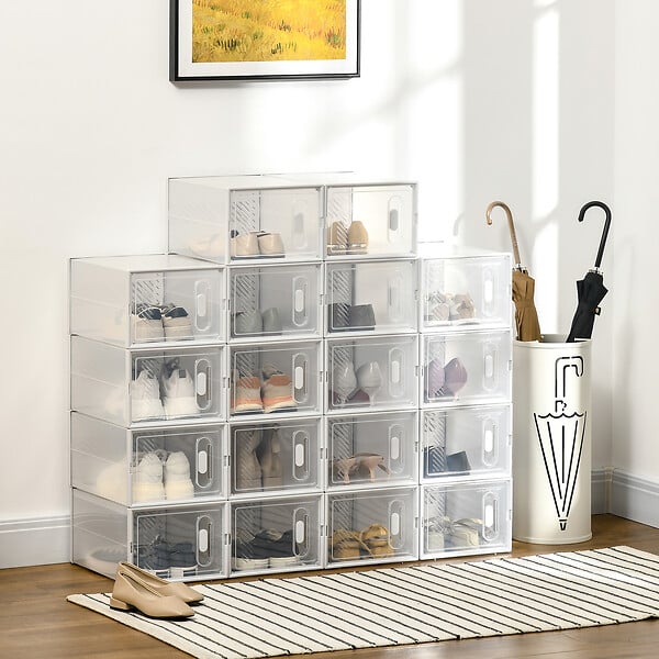 HOMCOM - Lot de 18 boites cubes rangement à chaussures modulable avec portes transparentes - dim. 25L x 35l x 19H cm - PP blanc transparent - large