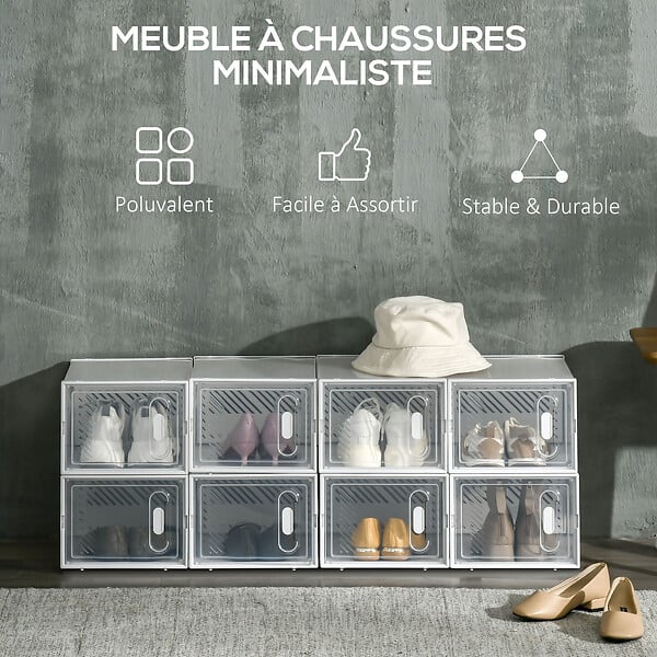 HOMCOM - Lot de 8 boites cubes rangement à chaussures modulable avec portes transparentes - dim. 25L x 35l x 19H cm - PP blanc transparent - large