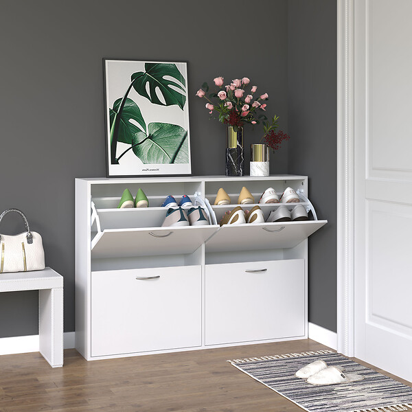HOMCOM - Armoire à  chaussures meuble à  chaussures grande taille dim. 120L x 24l x 81H cm  4 portes abattantes double niveau panneaux particules blanc - large